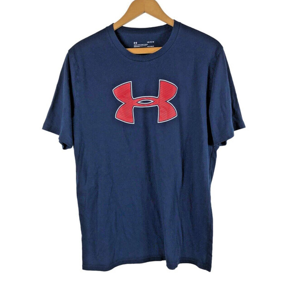 Under Armour T Shirt Large Loose Mens Dark Navy Blue Red Logo Heatgear - Picture 1 of 3